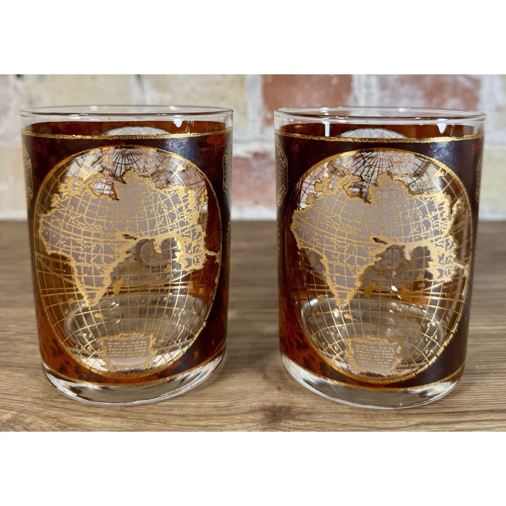Vintage 22K Gold Culver Terrarum Orbis Geographica 2 Glasses Celestial Old World - Picture 2 of 10
